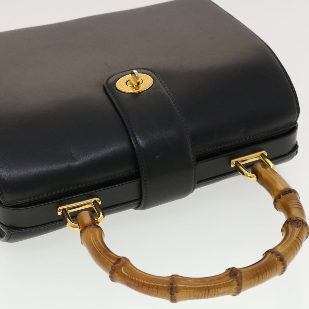 GUCCI Bamboo Turn Lock Clasp Hand Bag Leather Black yk6576