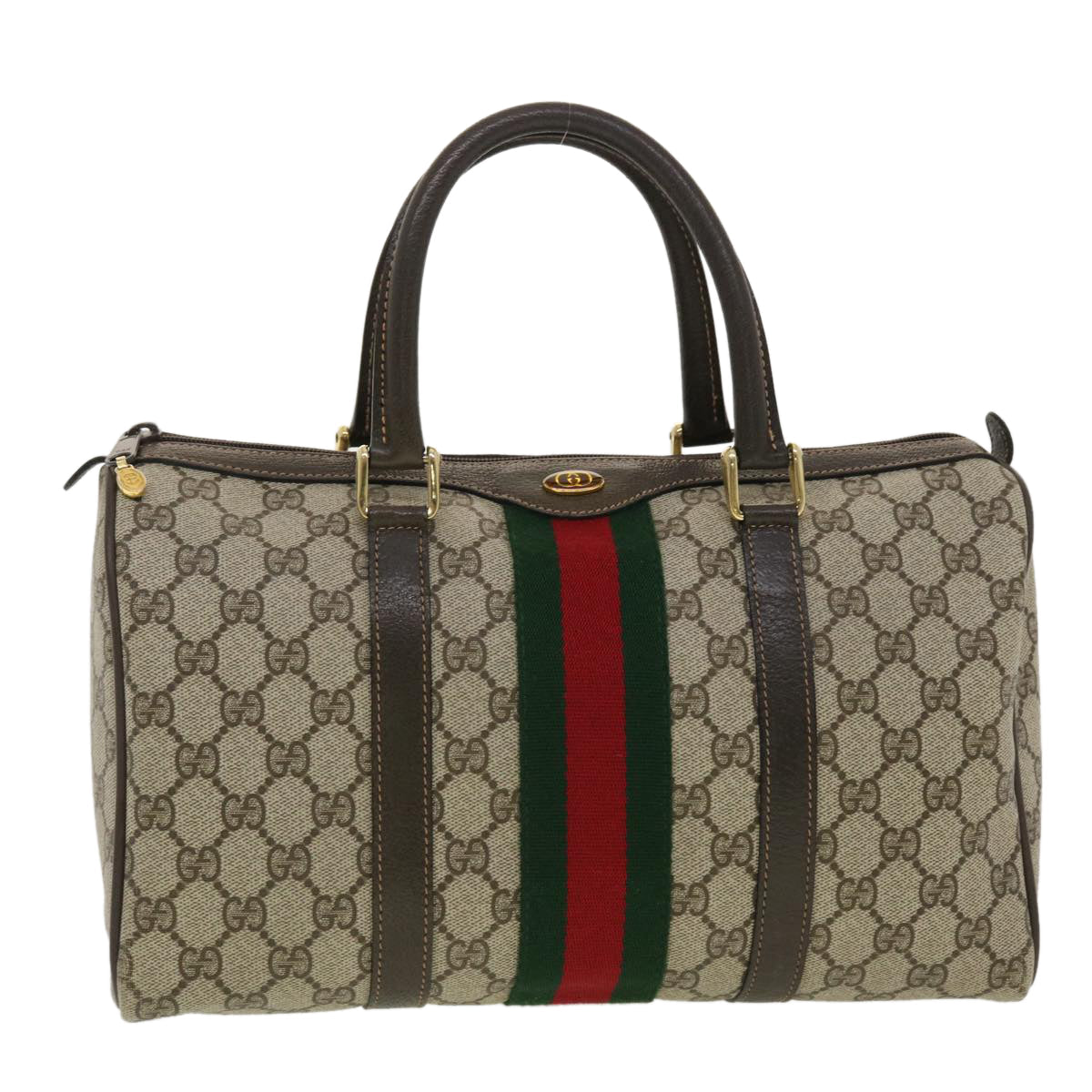 GUCCI GG Canvas Web Sherry Line Boston Bag PVC Leather Beige Green yk6588B