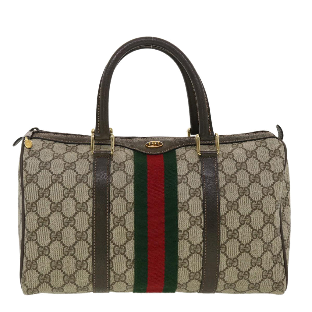 GUCCI GG Canvas Web Sherry Line Boston Bag PVC Leather Beige Green yk6588B
