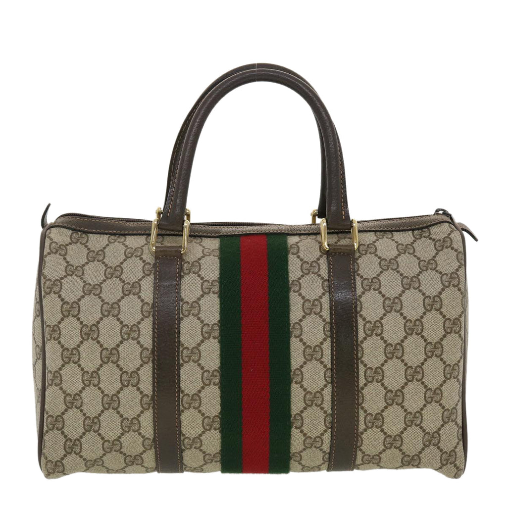 GUCCI GG Canvas Web Sherry Line Boston Bag PVC Leather Beige Green yk6588B
