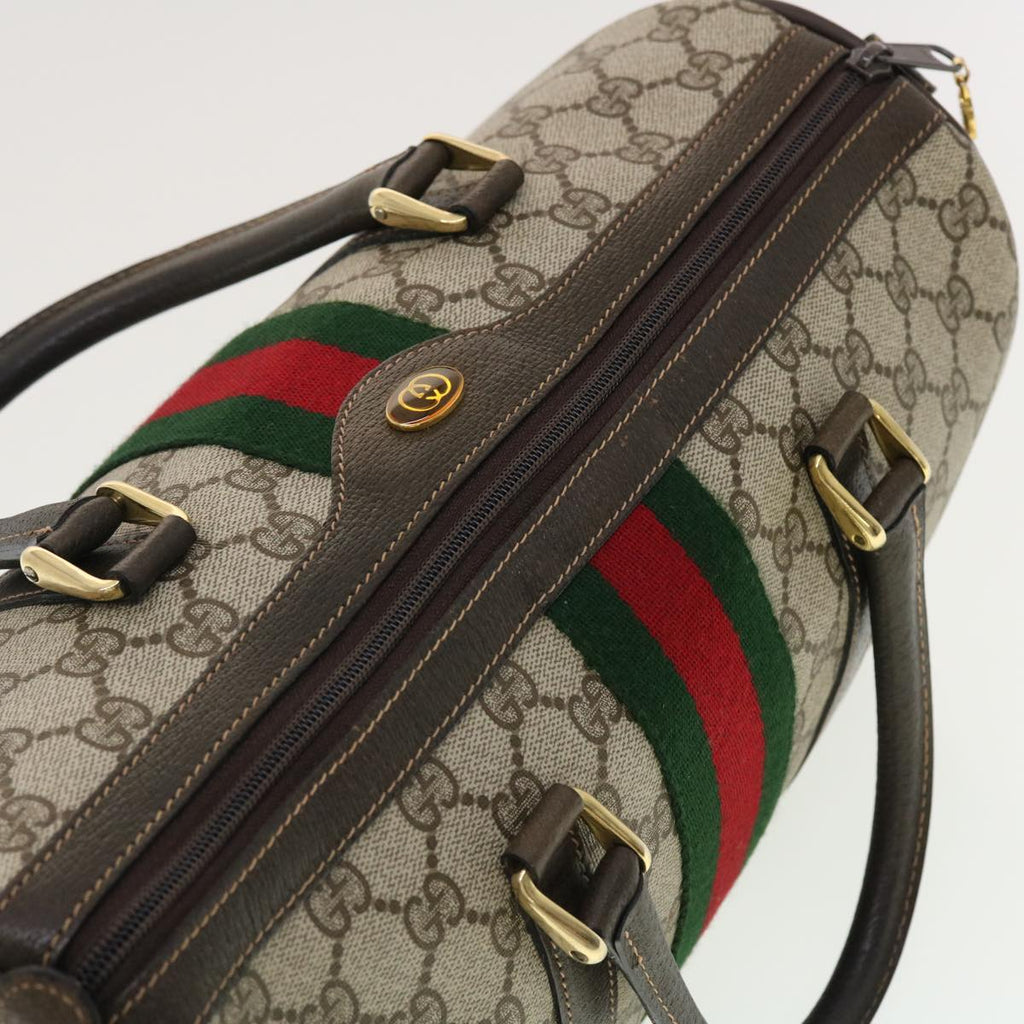 GUCCI GG Canvas Web Sherry Line Boston Bag PVC Leather Beige Green yk6588B