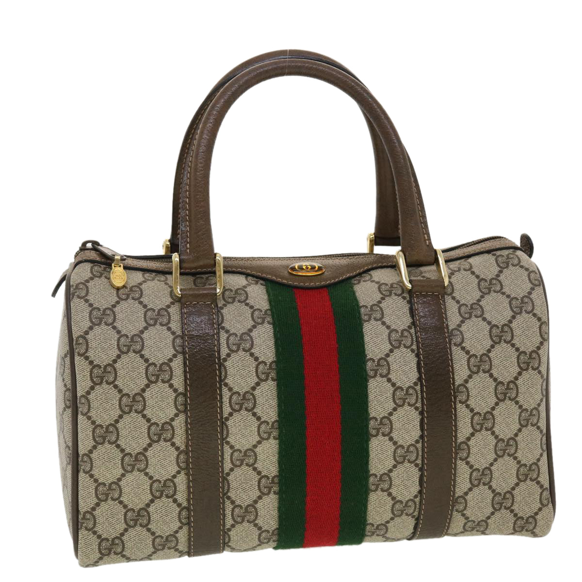 GUCCI GG Canvas Web Sherry Line Boston Bag PVC Leather Beige Green yk6589B