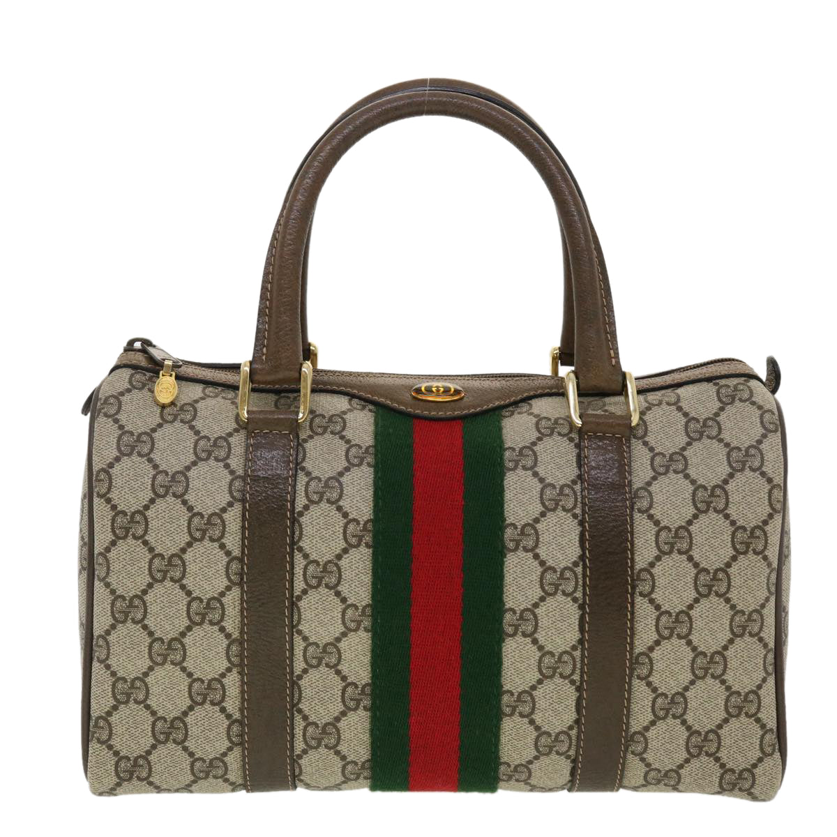 GUCCI GG Canvas Web Sherry Line Boston Bag PVC Leather Beige Green yk6589B