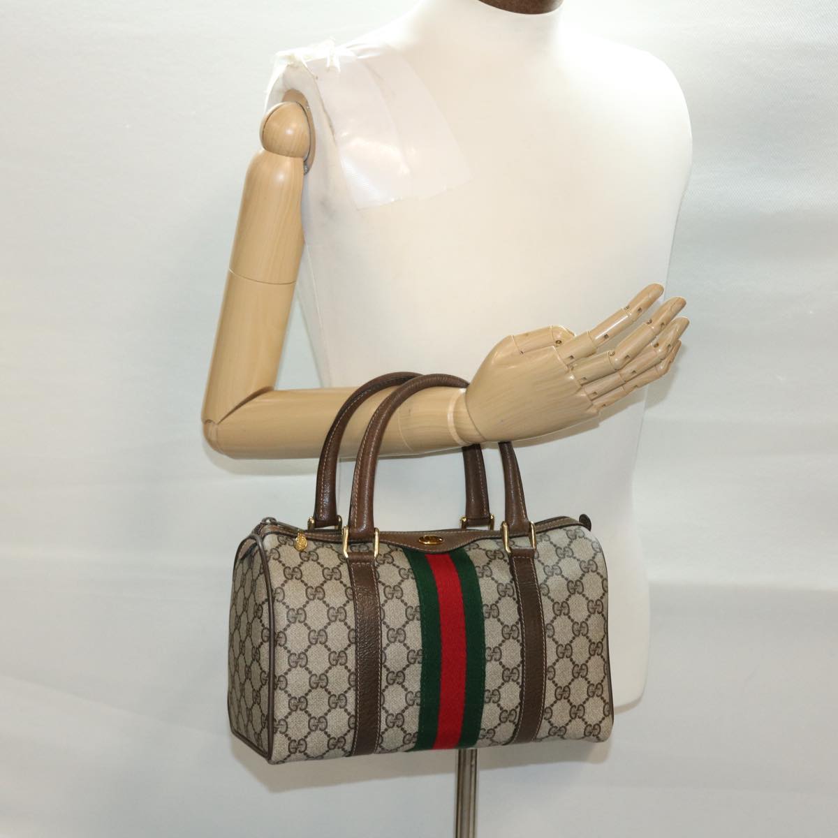 GUCCI GG Canvas Web Sherry Line Boston Bag PVC Leather Beige Green yk6589B