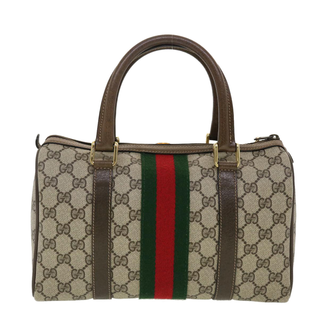 GUCCI GG Canvas Web Sherry Line Boston Bag PVC Leather Beige Green yk6589B