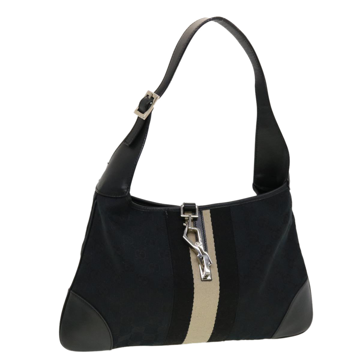 GUCCI GG Canvas Sherry Line Jackie Shoulder Bag Black White 0014057 yk6735B
