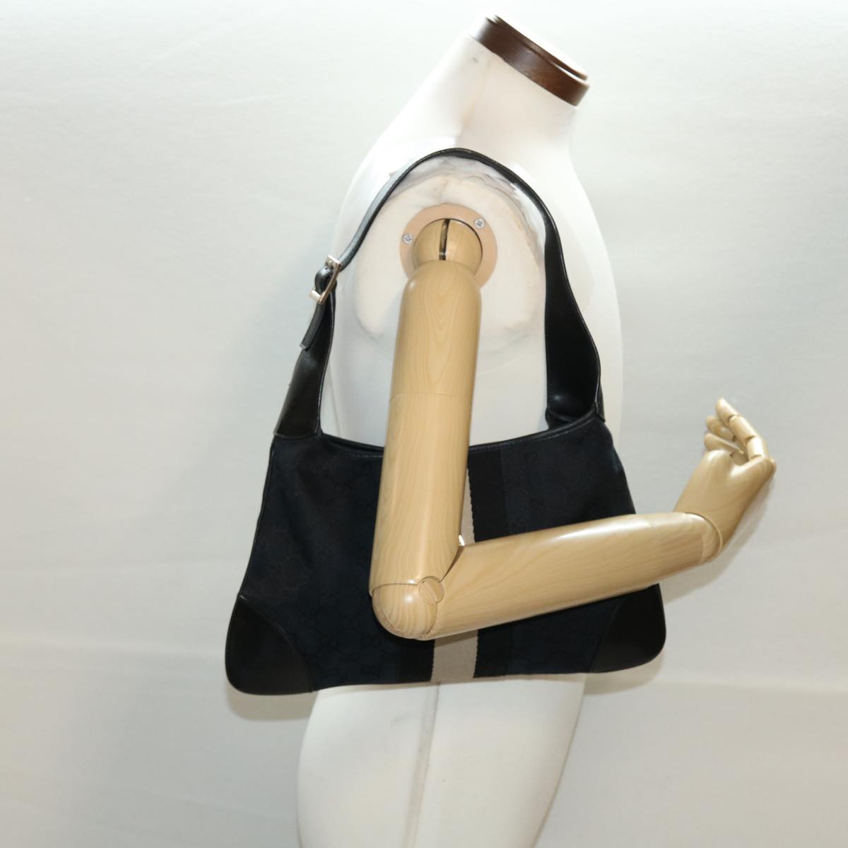GUCCI GG Canvas Sherry Line Jackie Shoulder Bag Black White 0014057 yk6735B