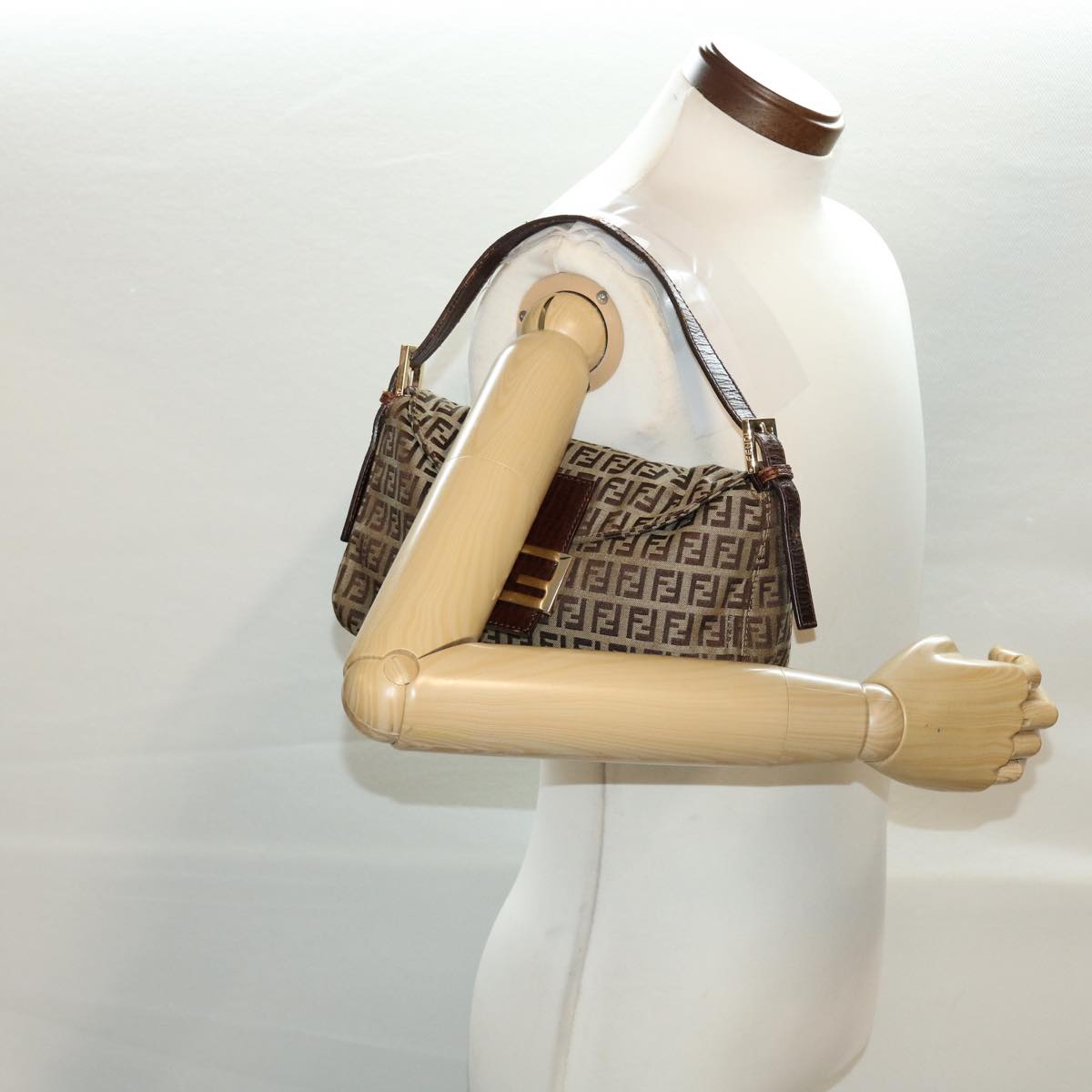 FENDI Zucchino Canvas Mamma Baguette Shoulder Bag Beige yk6738B