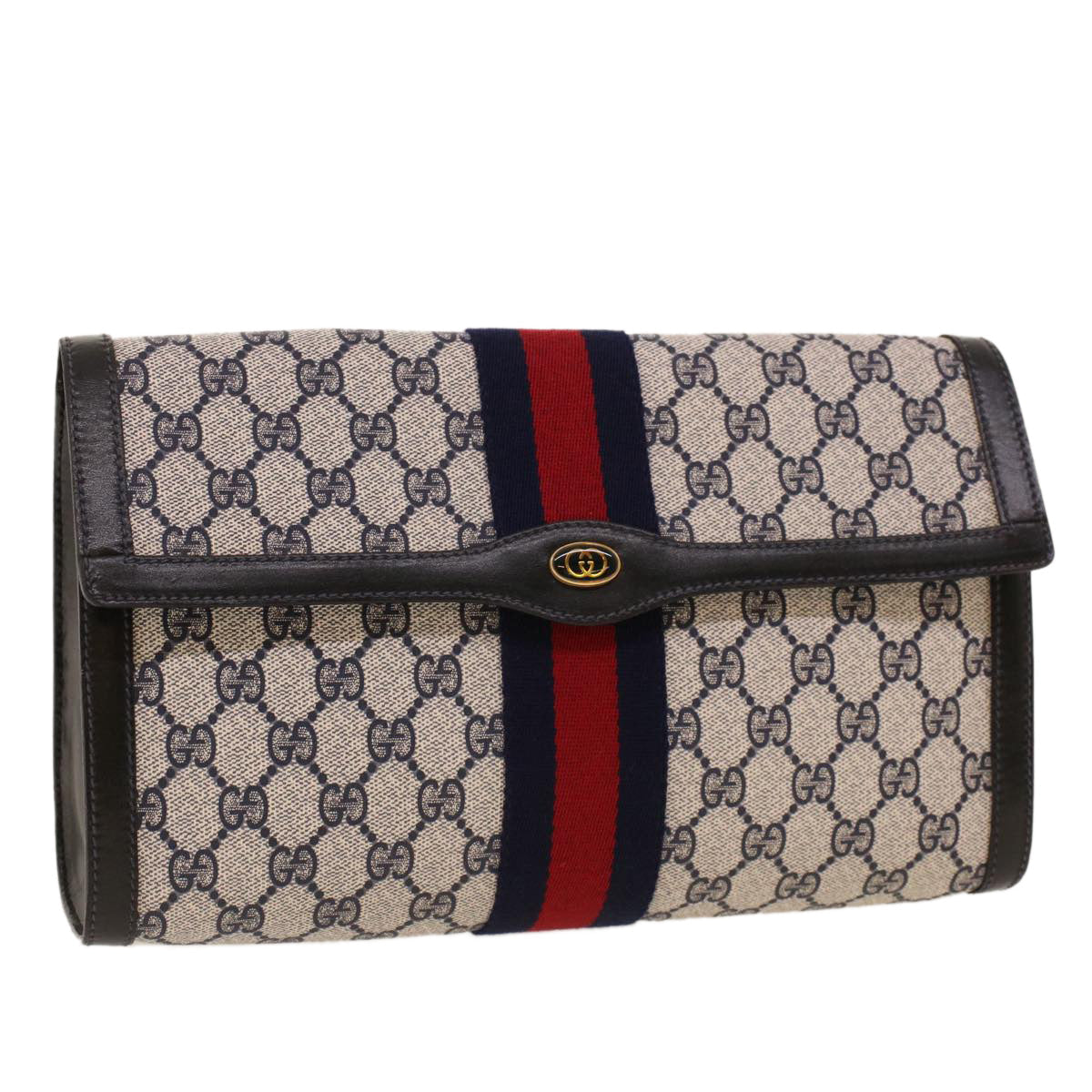 GUCCI GG Canvas Sherry Line Clutch Bag Gray Red Navy 67.014.3087 yk7005B