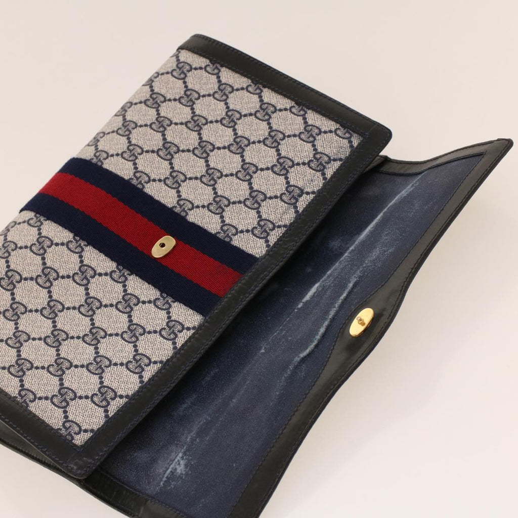 GUCCI GG Canvas Sherry Line Clutch Bag Gray Red Navy 67.014.3087 yk7005B