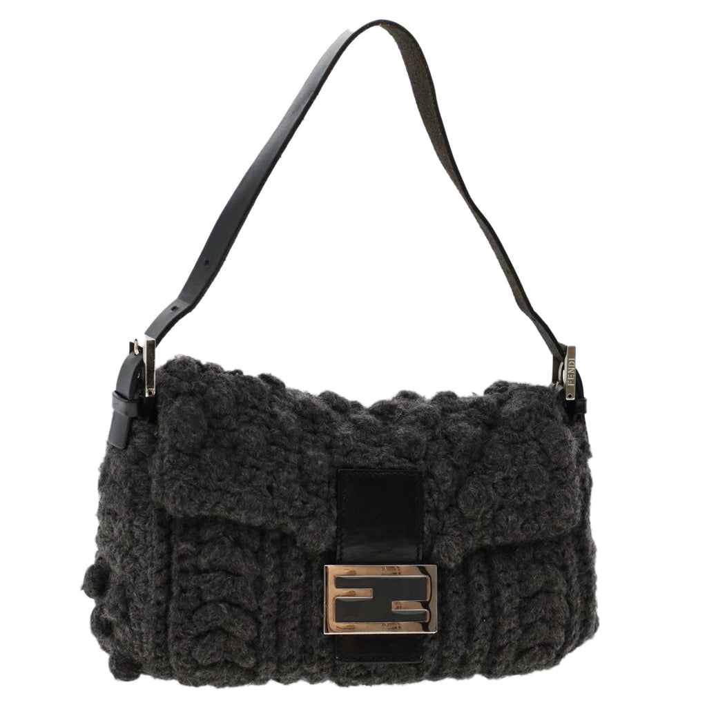 FENDI Mamma Baguette Shoulder Bag Wool Leather Gray yk7448