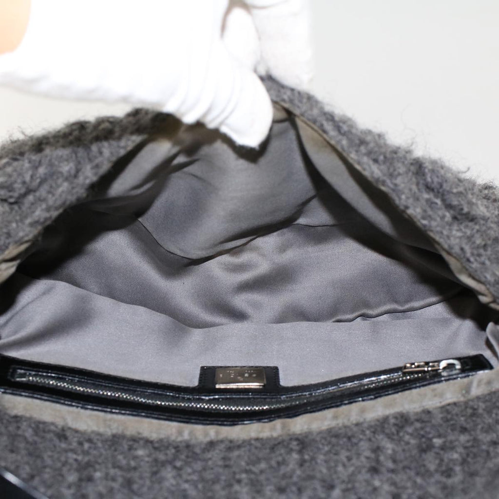 FENDI Mamma Baguette Shoulder Bag Wool Leather Gray yk7448