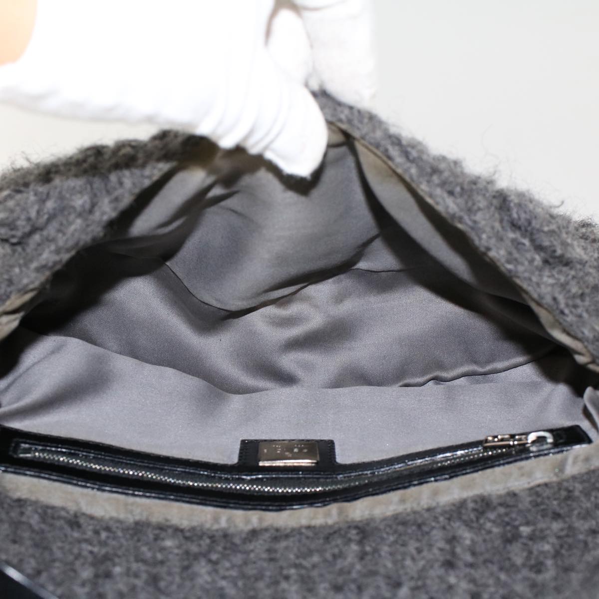FENDI Mamma Baguette Shoulder Bag Wool Leather Gray yk7448