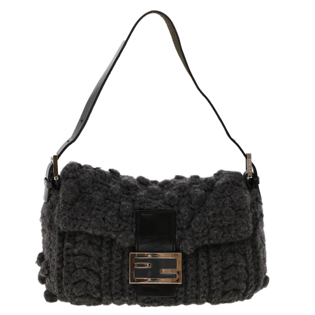 FENDI Mamma Baguette Shoulder Bag Wool Leather Gray yk7448