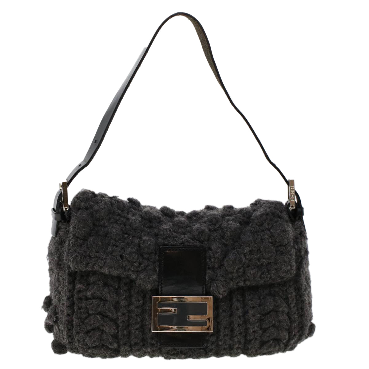 FENDI Mamma Baguette Shoulder Bag Wool Leather Gray yk7448