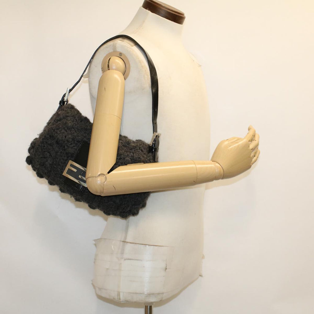 FENDI Mamma Baguette Shoulder Bag Wool Leather Gray yk7448
