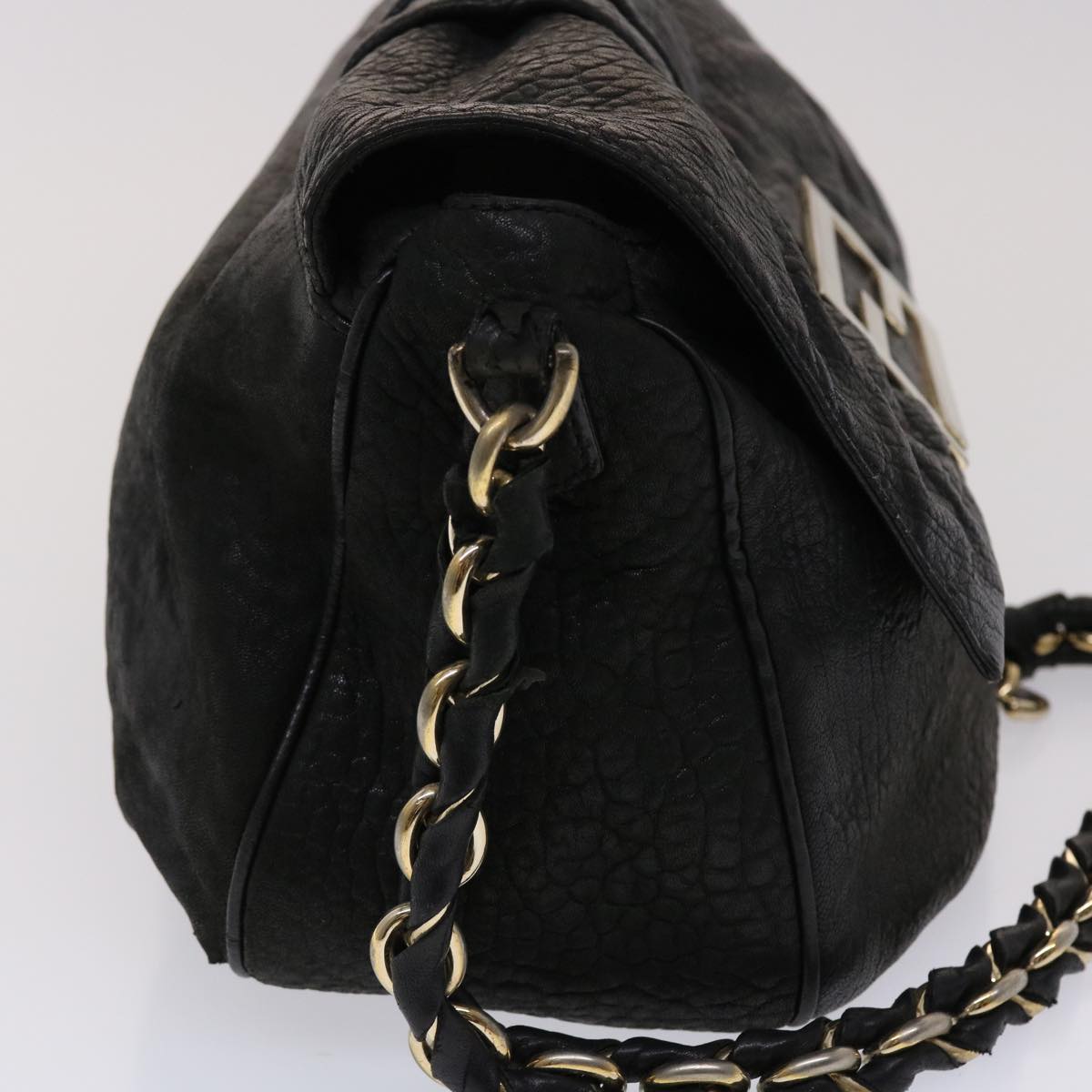 FENDI Chain Shoulder Bag Leather Black yk7651B