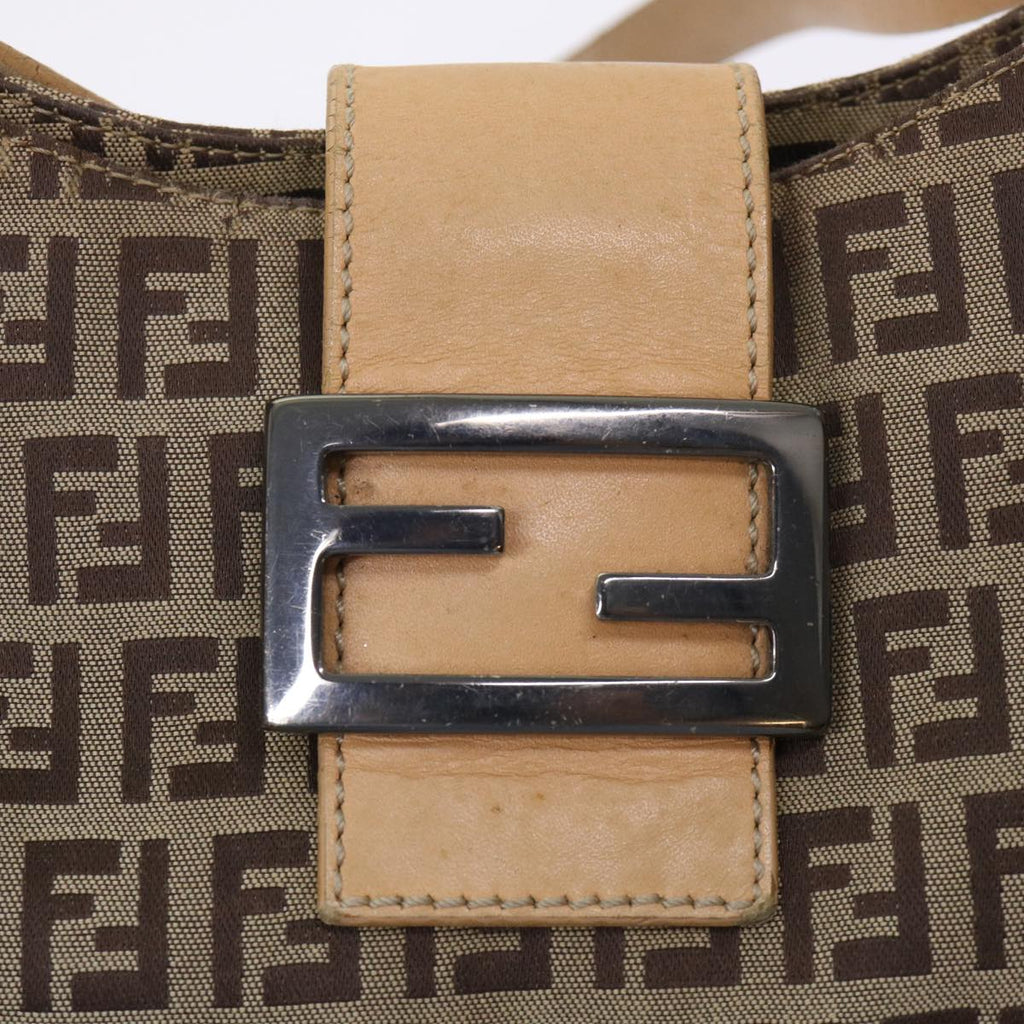 FENDI Zucchino Canvas Mamma Baguette Shoulder Bag Leather Beige yk7711
