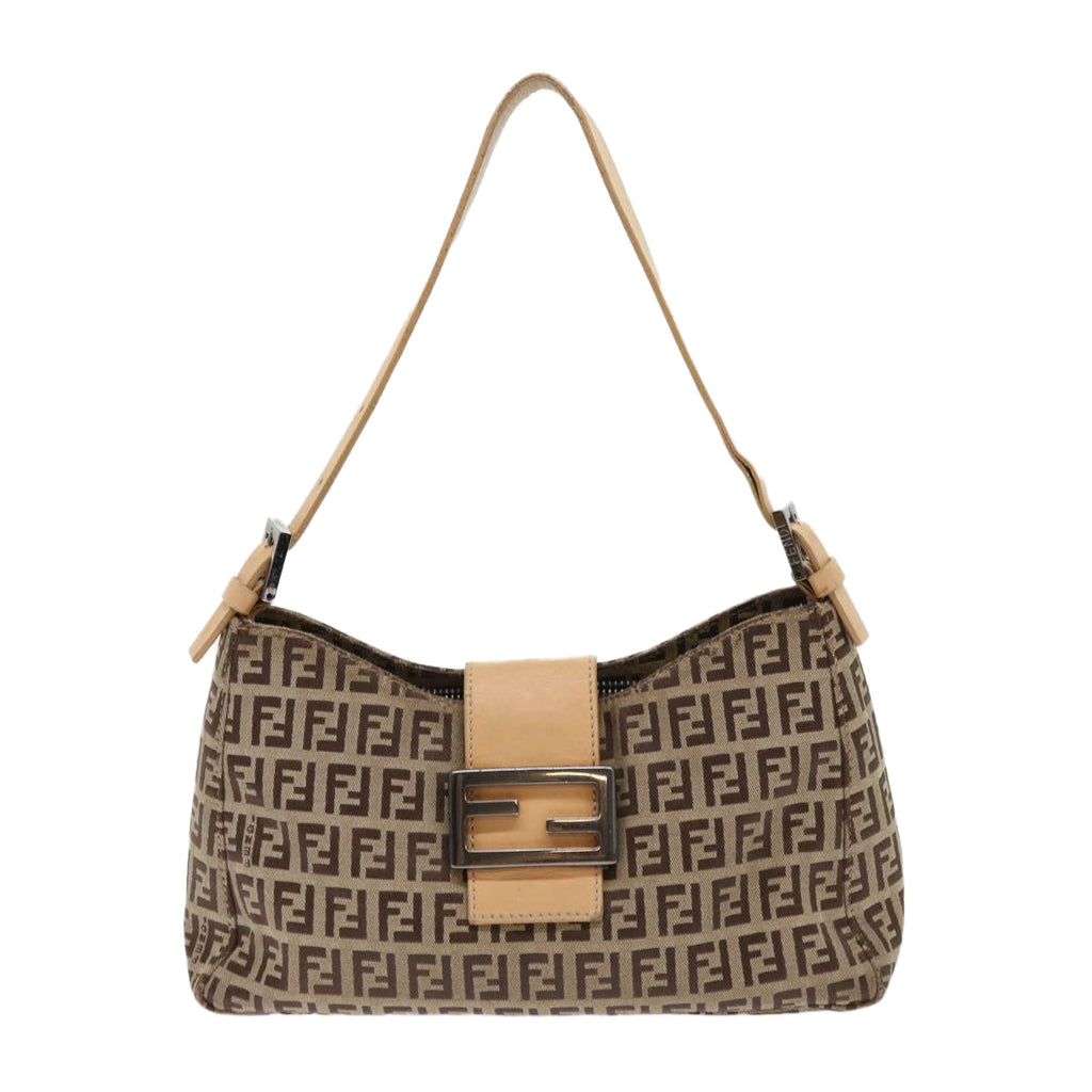 FENDI Zucchino Canvas Mamma Baguette Shoulder Bag Leather Beige yk7711