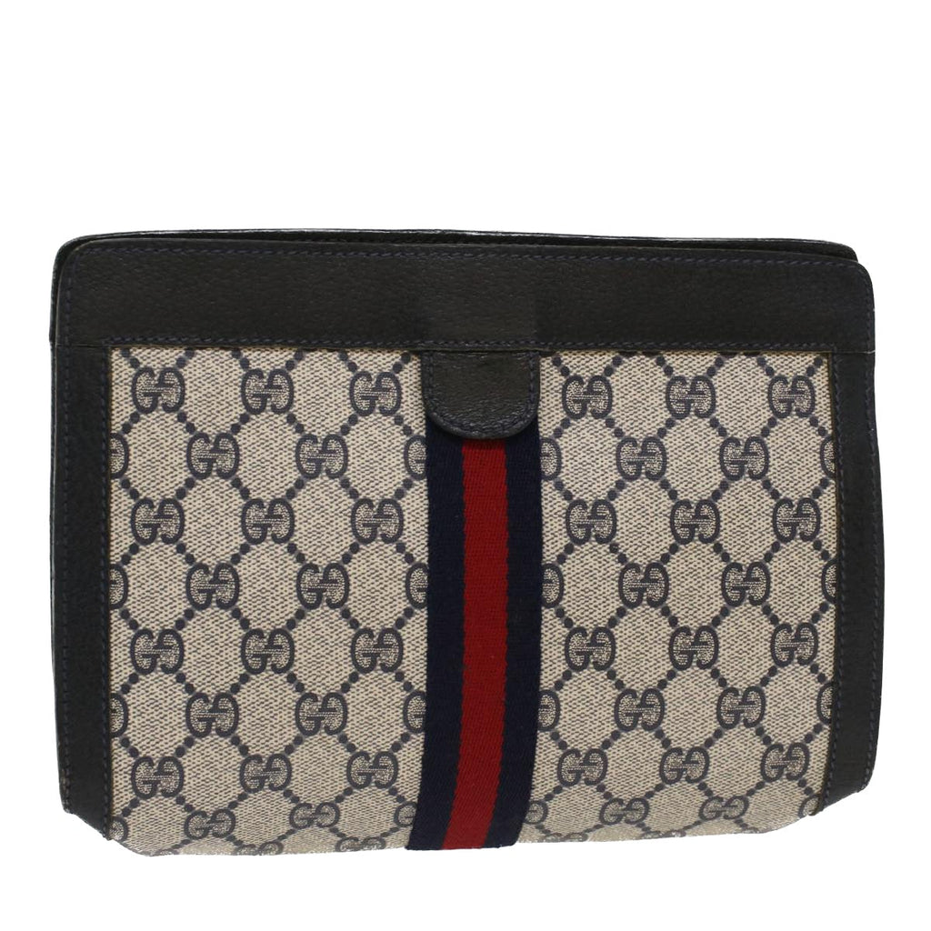 GUCCI GG Canvas Sherry Line Clutch Bag PVC Leather Navy Red
