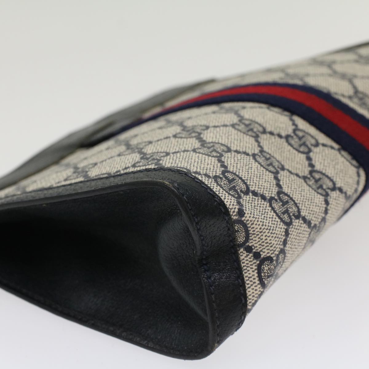 GUCCI GG Canvas Sherry Line Clutch Bag PVC Leather Navy Red yk7860