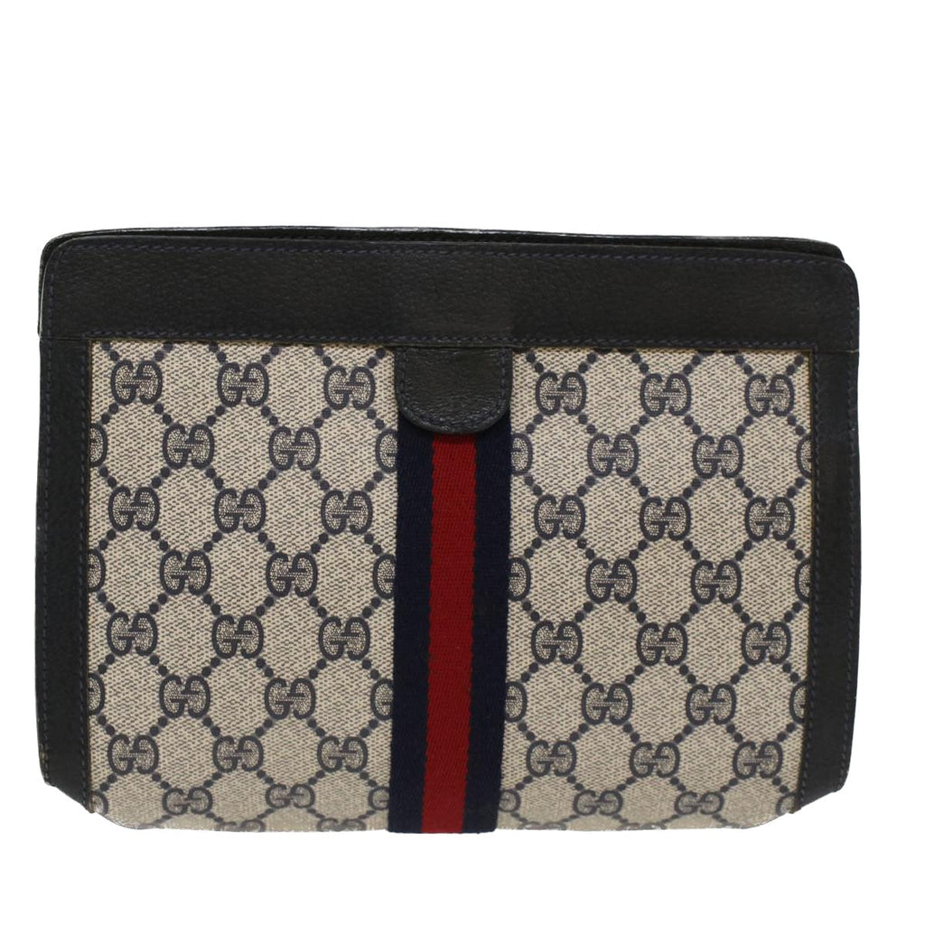 GUCCI GG Canvas Sherry Line Clutch Bag PVC Leather Navy Red yk7860