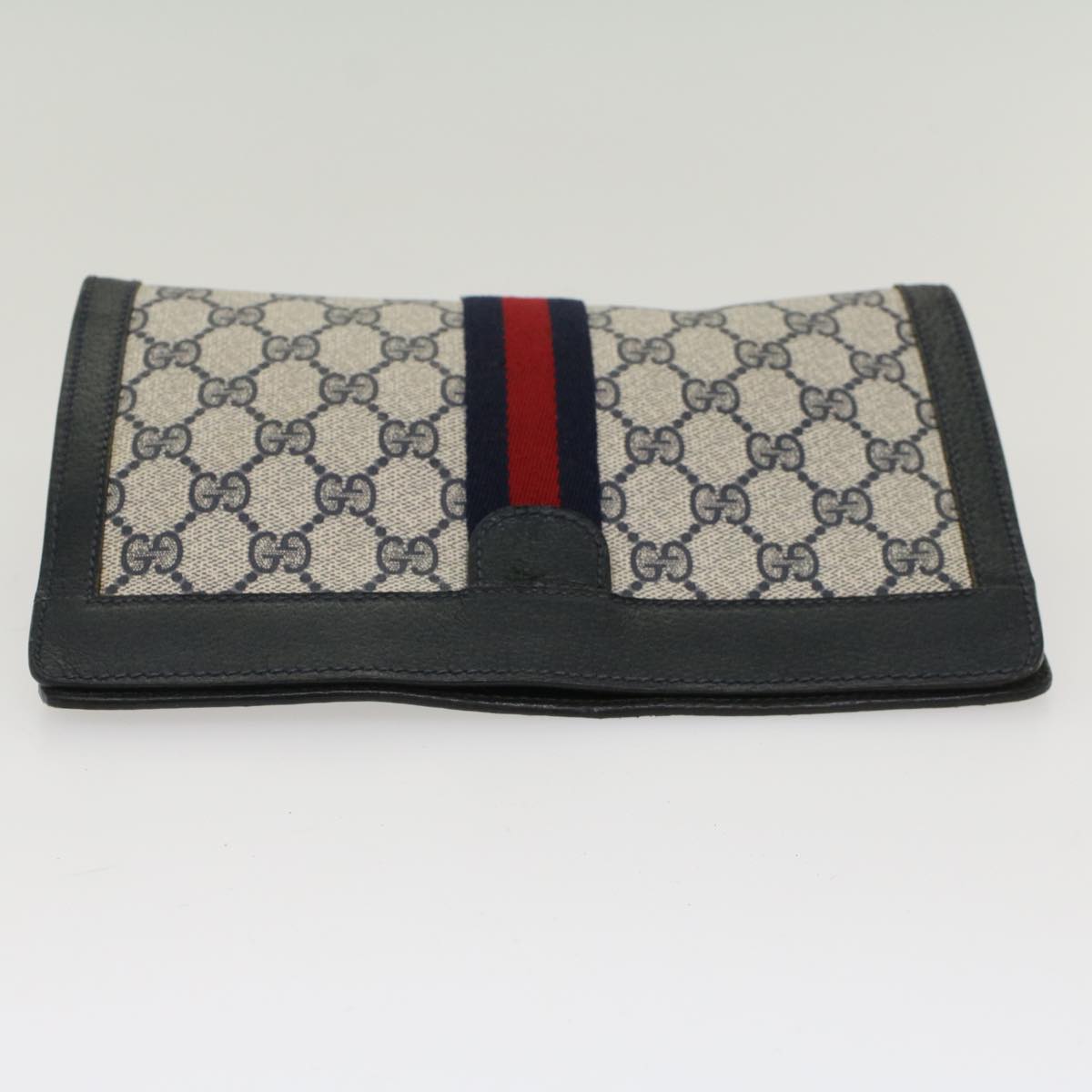 GUCCI GG Canvas Sherry Line Clutch Bag PVC Leather Navy Red yk7860