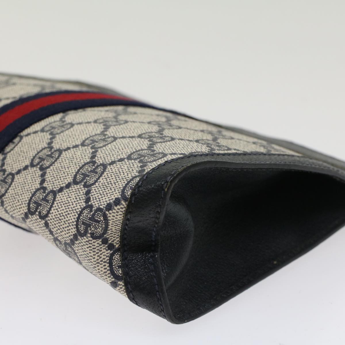 GUCCI GG Canvas Sherry Line Clutch Bag PVC Leather Navy Red yk7860