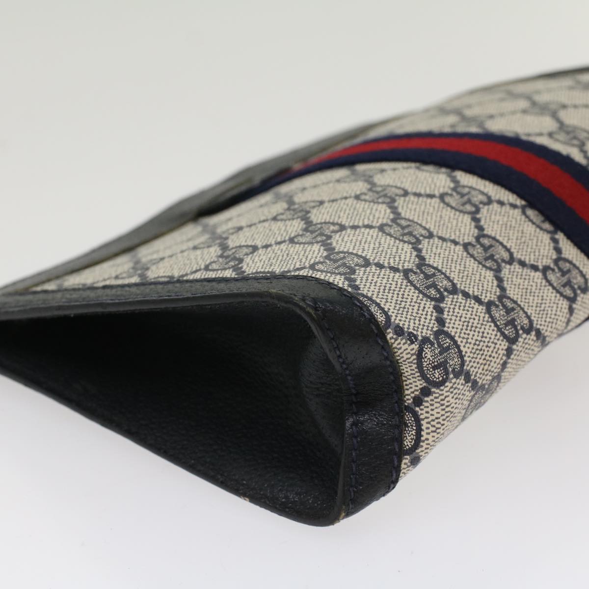 GUCCI GG Canvas Sherry Line Clutch Bag PVC Leather Navy Red yk7860