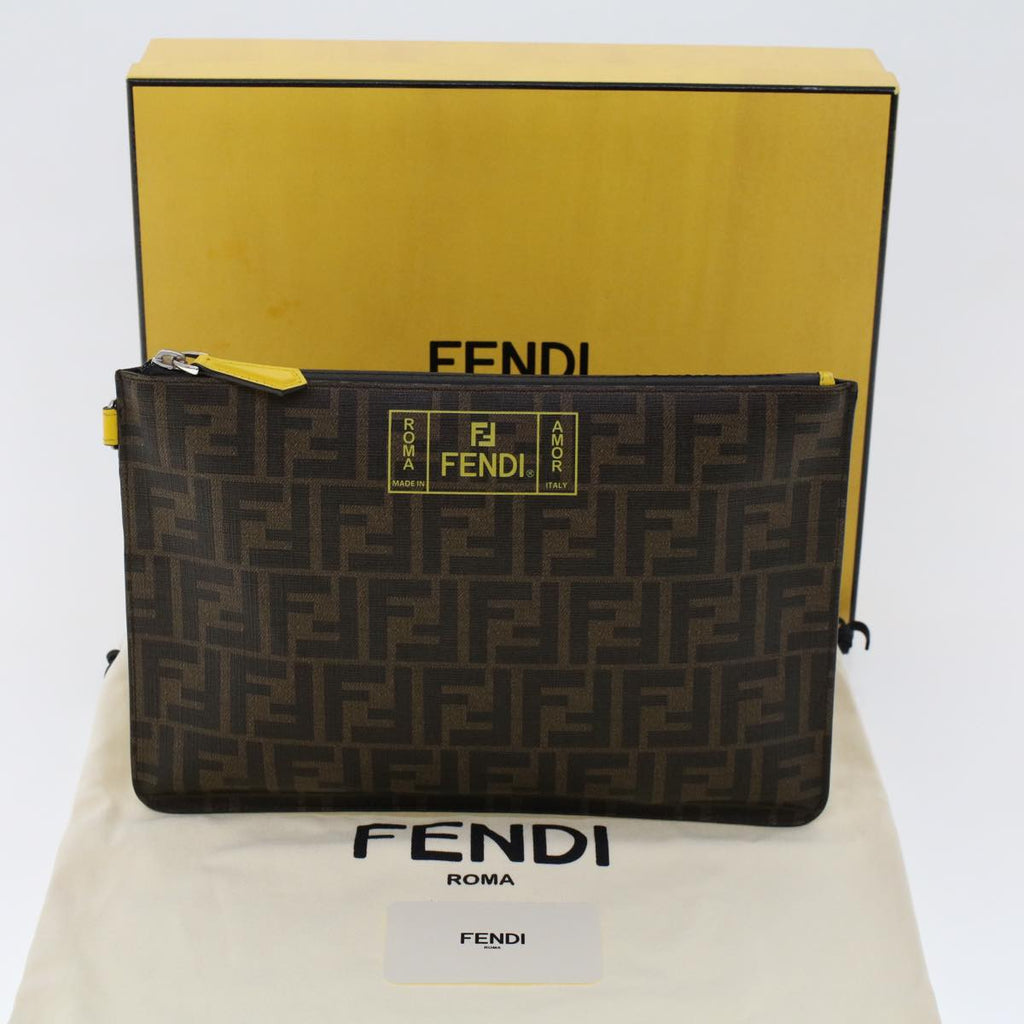 FENDI Zucca Canvas Clutch Bag PVC Leather Brown Black yellow yk7868