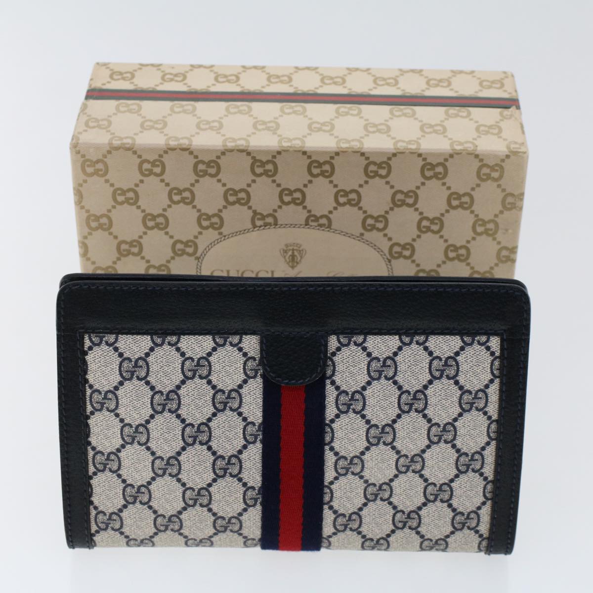 GUCCI GG Canvas Sherry Line Clutch Bag PVC Leather Navy Red yk7884