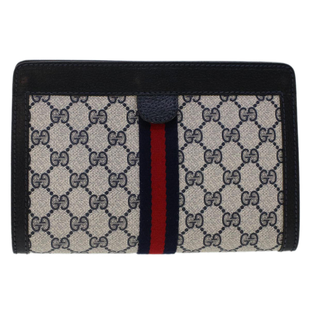 GUCCI GG Canvas Sherry Line Clutch Bag PVC Leather Navy Red yk7884