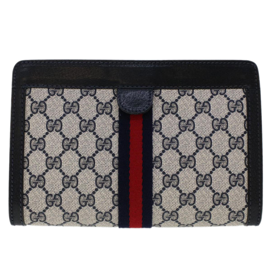 GUCCI GG Canvas Sherry Line Clutch Bag PVC Leather Navy Red