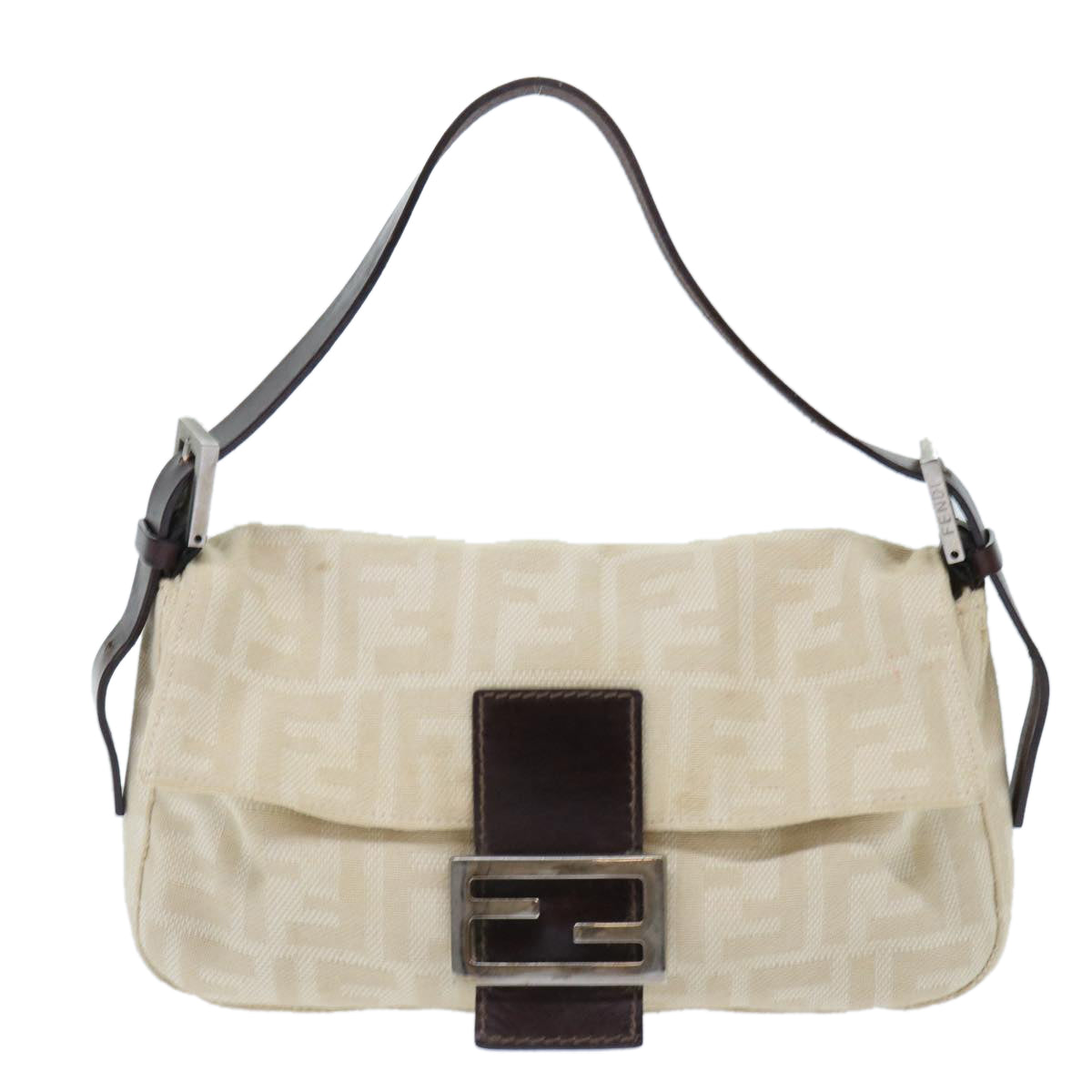 FENDI Zucca Canvas Mamma Baguette Shoulder Bag Leather Beige yk8097B
