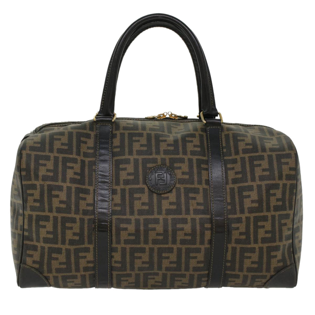 FENDI Zucca Canvas Boston Bag Leather Black Brown yk8249