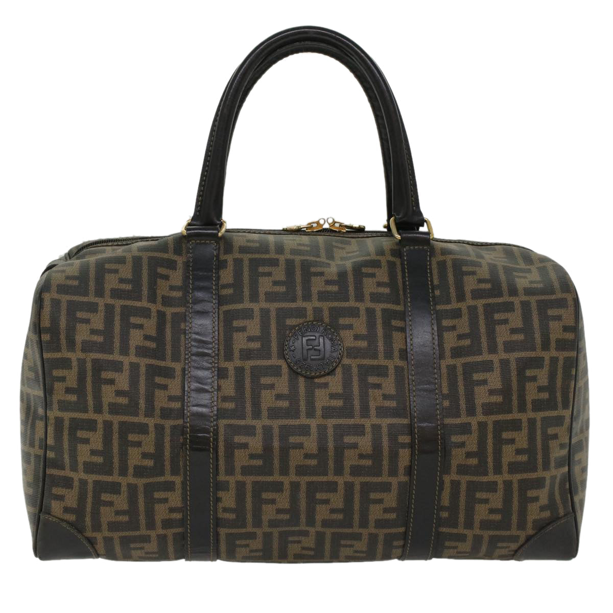 FENDI Zucca Canvas Boston Bag Leather Black Brown yk8249