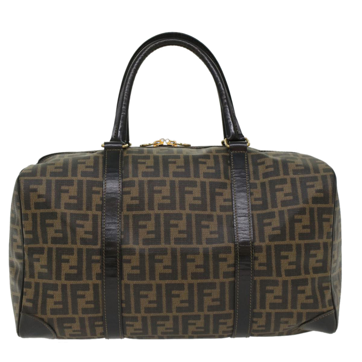 FENDI Zucca Canvas Boston Bag Leather Black Brown yk8249
