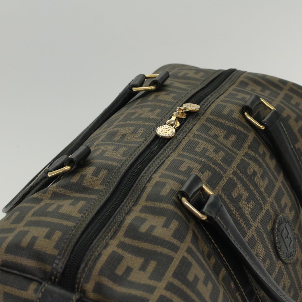 FENDI Zucca Canvas Boston Bag Leather Black Brown yk8249