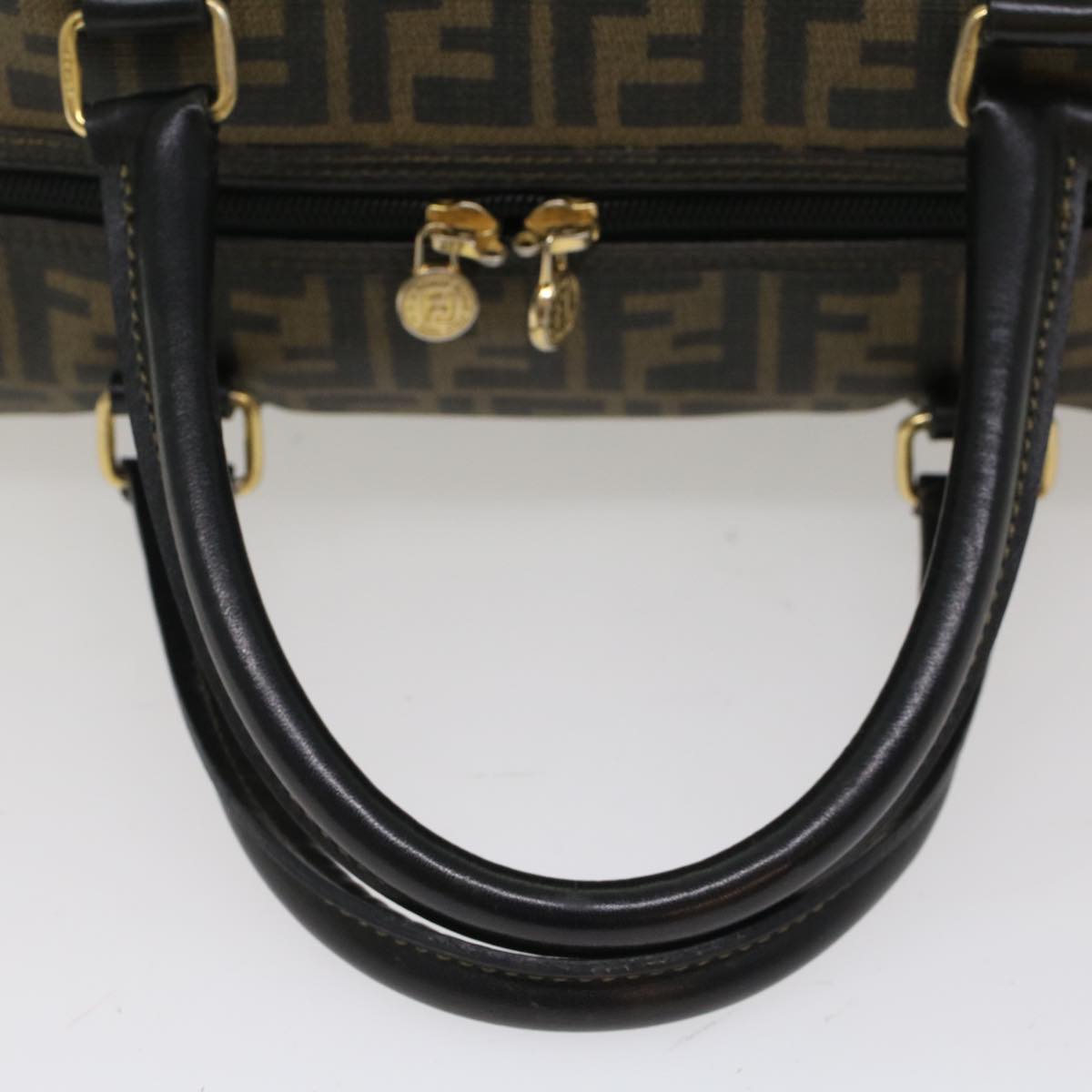 FENDI Zucca Canvas Boston Bag Leather Black Brown yk8249