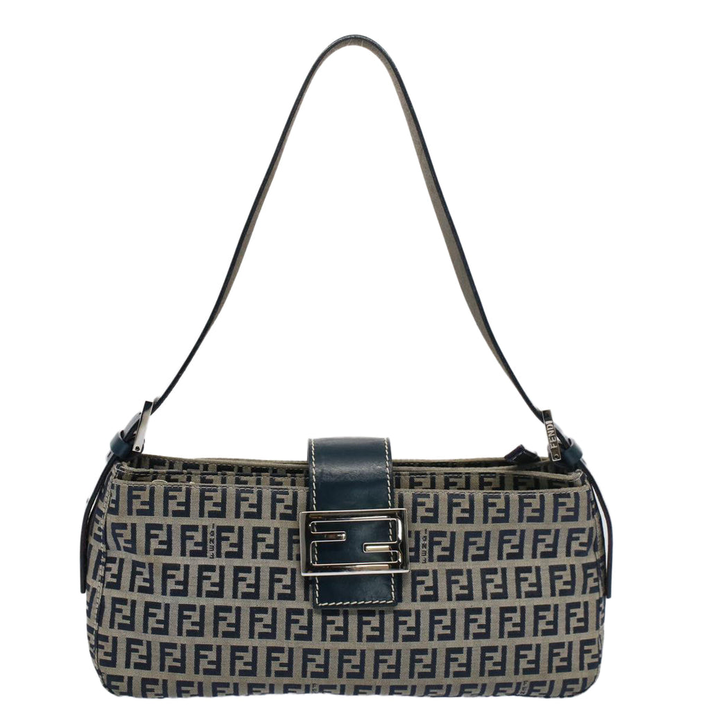 FENDI Zucchino Canvas Mamma Baguette Shoulder Bag Gray Navy yk8484