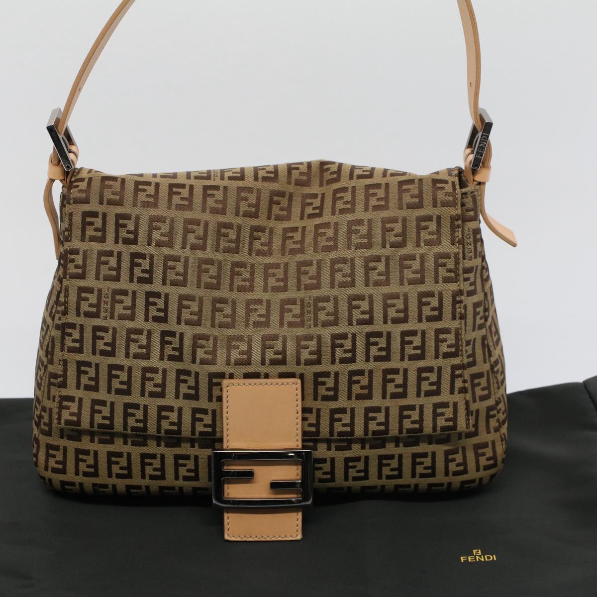 FENDI Zucchino Canvas Mamma Baguette Shoulder Bag Beige yk8498