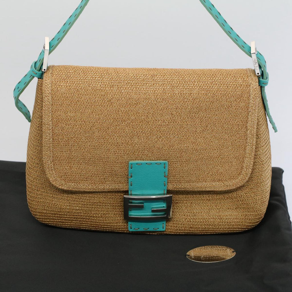 FENDI Celeria Mamma Baguette Shoulder Bag Straw Raffia Beige yk8499