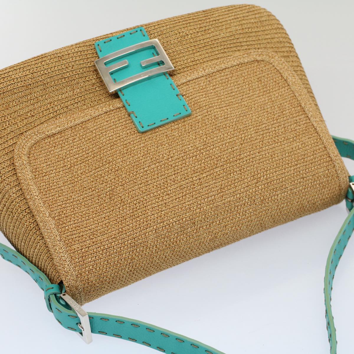 FENDI Celeria Mamma Baguette Shoulder Bag Straw Raffia Beige yk8499
