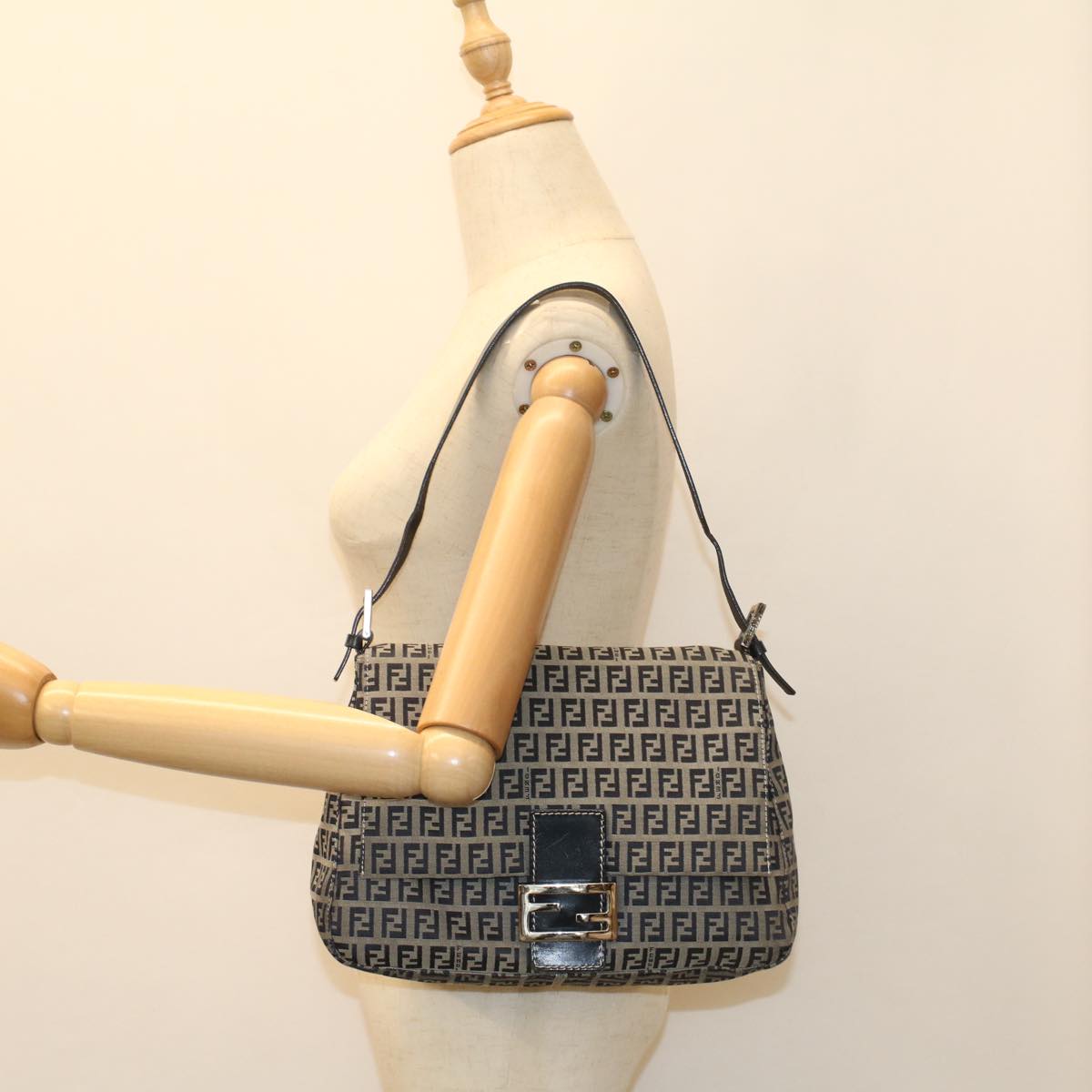 FENDI Zucchino Canvas Mamma Baguette Shoulder Bag Navy yk8650