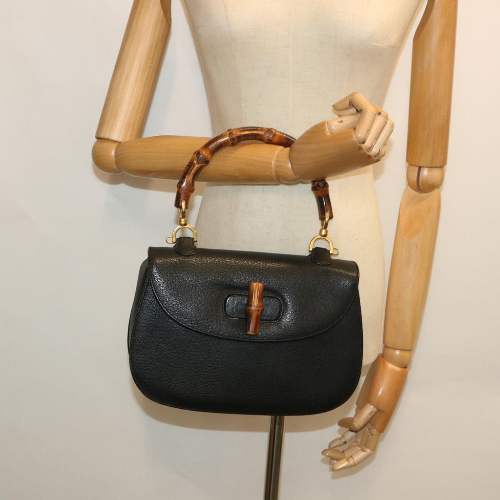 GUCCI Bamboo Hand Bag Leather Black 000 2113 0633 yk8763