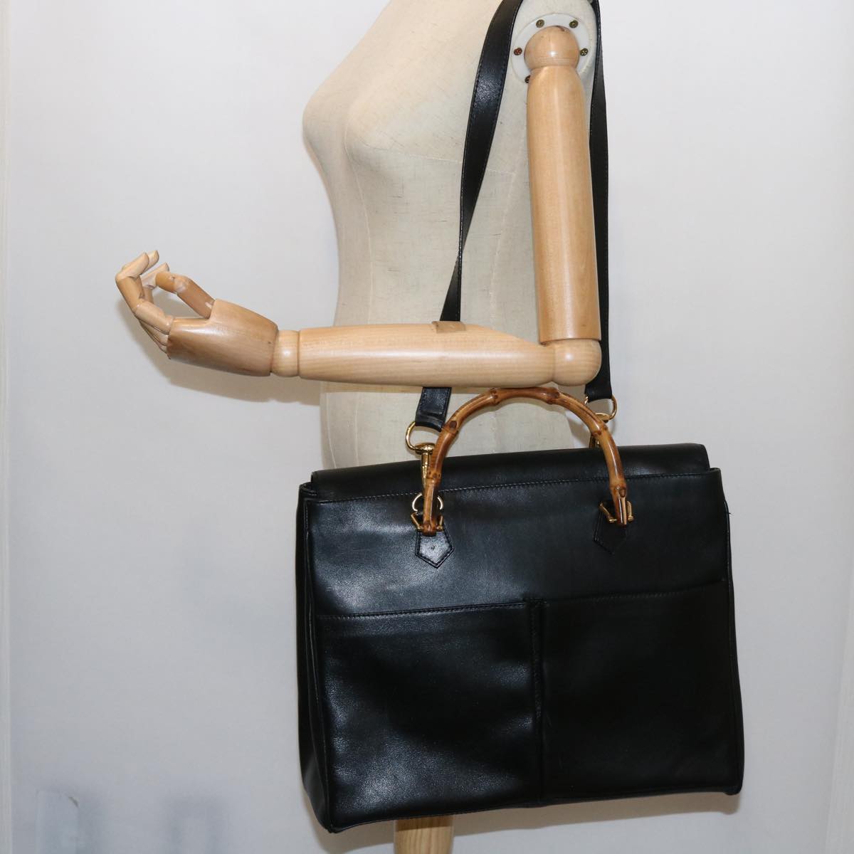 GUCCI Bamboo Hand Bag Leather 2way Black 002 123 0322 yk8800