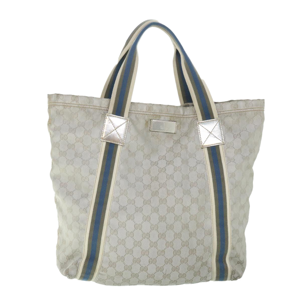 GUCCI GG Canvas Sherry Line Tote Bag Silver Blue Gray 189669 yk8875