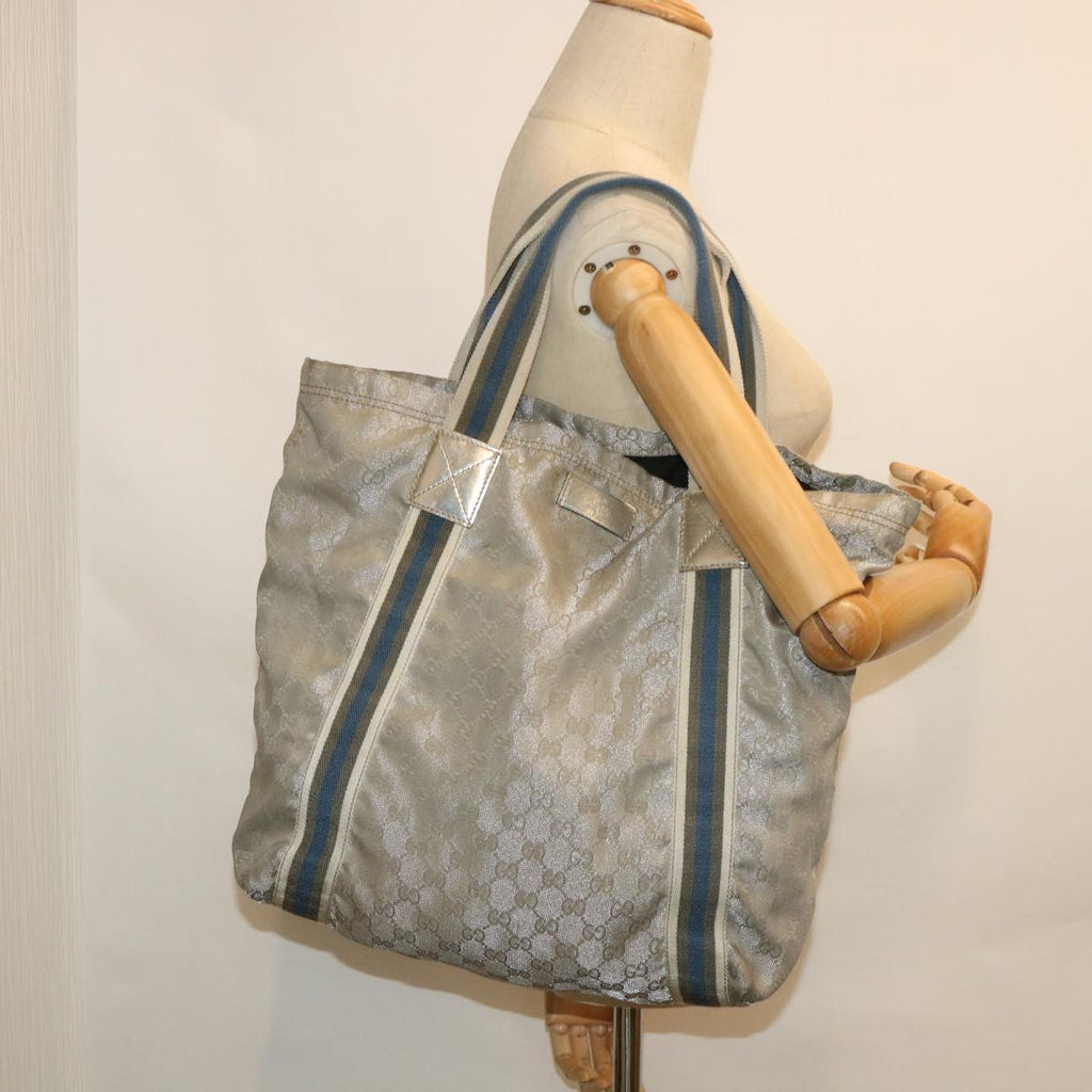 GUCCI GG Canvas Sherry Line Tote Bag Silver Blue Gray 189669 yk8875