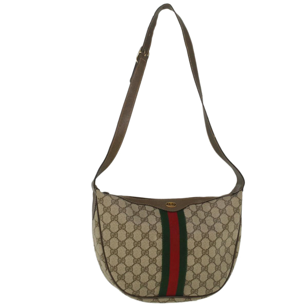GUCCI GG Canvas Web Sherry Line Shoulder Bag PVC Leather Beige Green yk8891