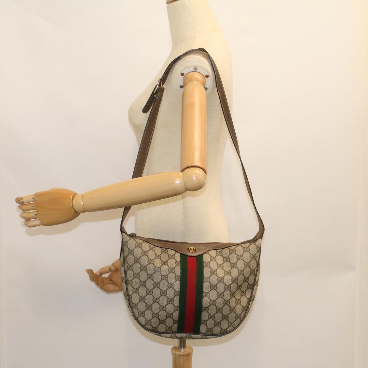 GUCCI GG Canvas Web Sherry Line Shoulder Bag PVC Leather Beige Green yk8891